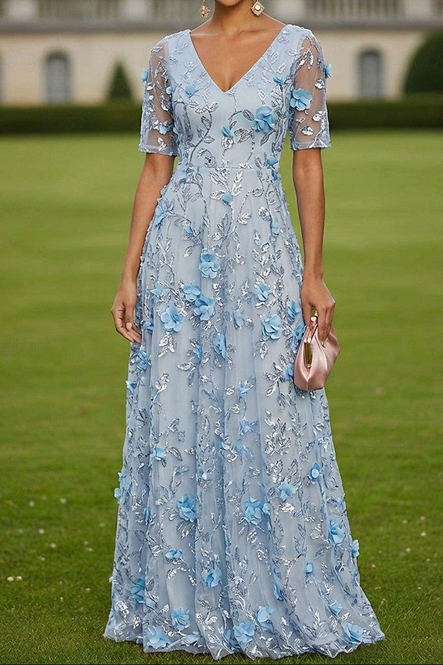 A-Line V-Neck Short Sleeve Floral Evening Dress