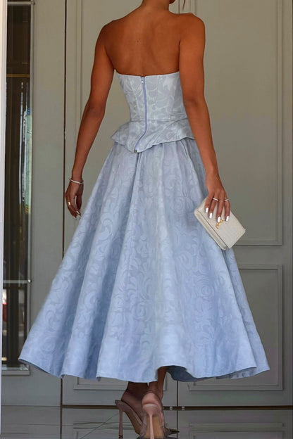 Strapless Jacquard Peplum Midi Dress