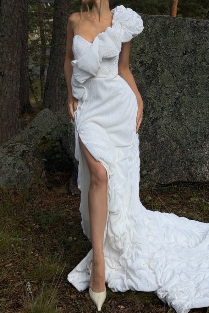 One-Shoulder Textured Gown with Slit and Train