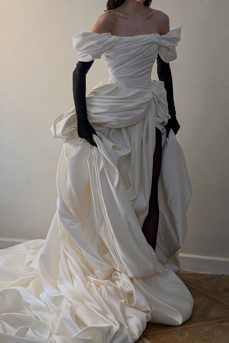 Off-the-Shoulder Draped Gown with High Slit