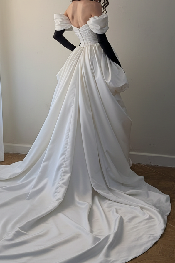 Off-the-Shoulder Draped Gown with High Slit