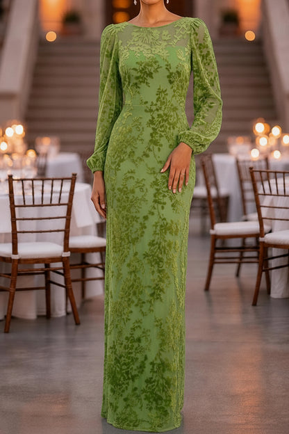 Illusion Neck Long Sleeve Floral Burnout Gown