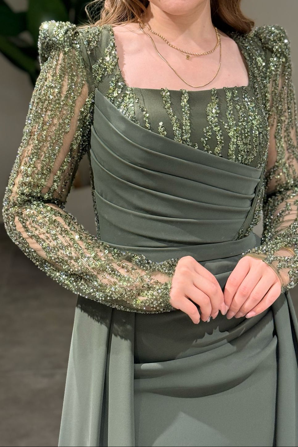 Sequined Long Sleeve Gown with Overskirt