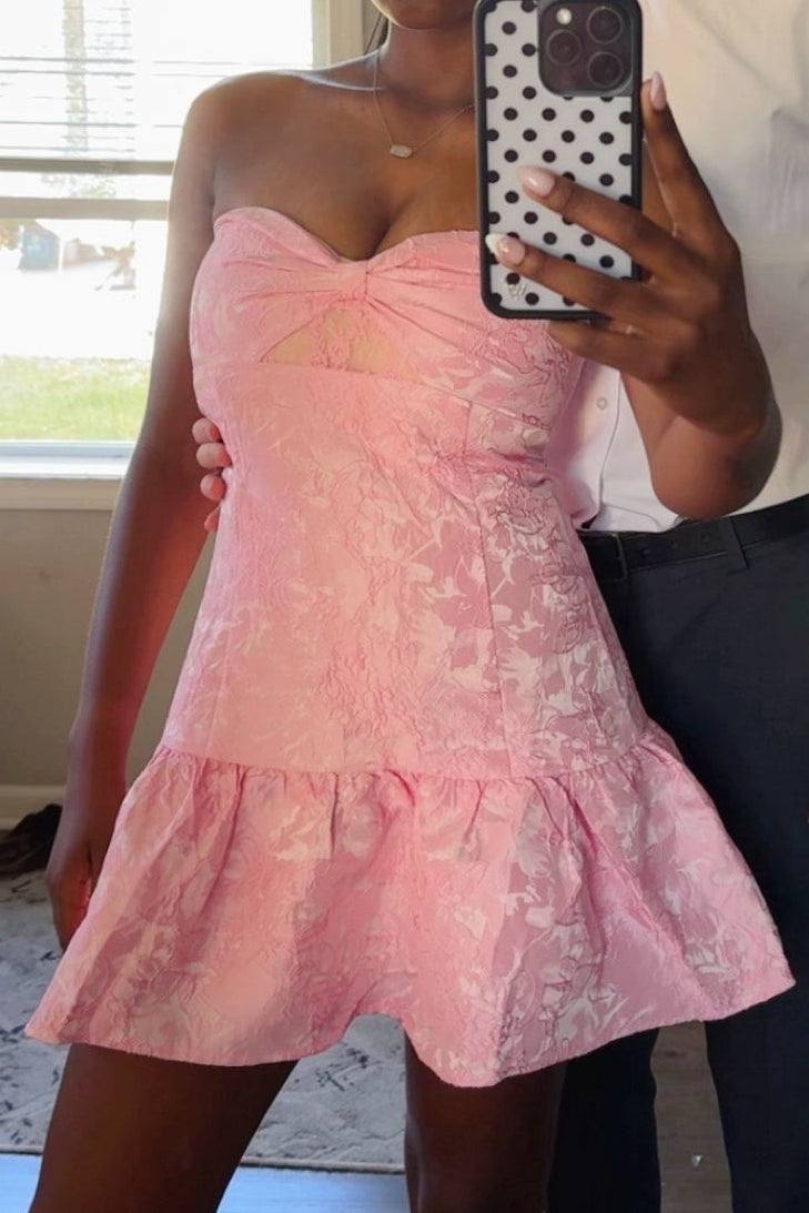 Strapless Jacquard Mini Dress with Ruffle Hem
