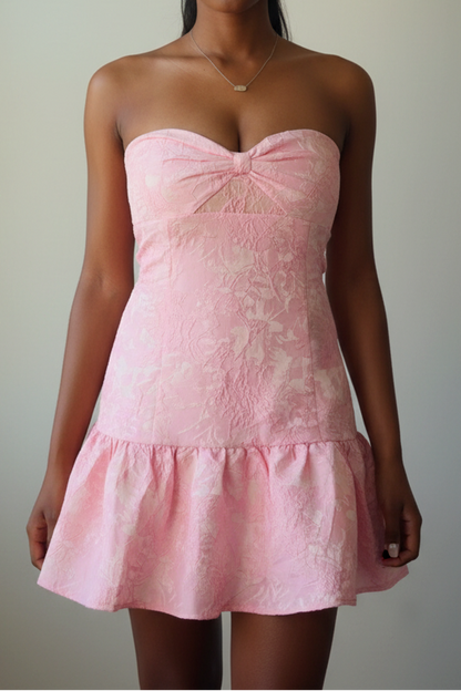 Strapless Jacquard Mini Dress with Ruffle Hem