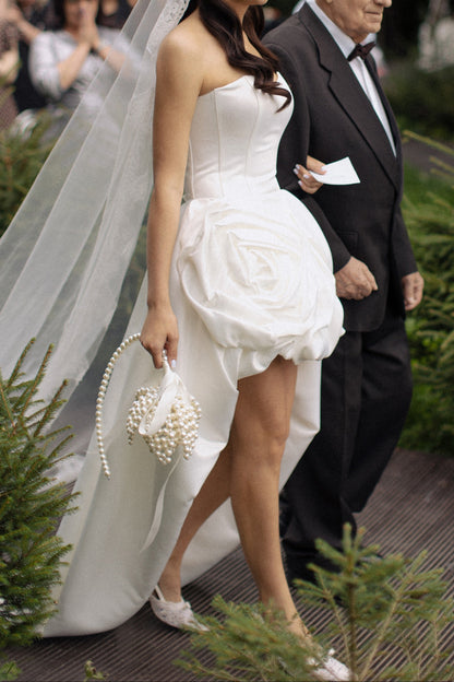 Strapless High-Low Floral Rosette Wedding Dress