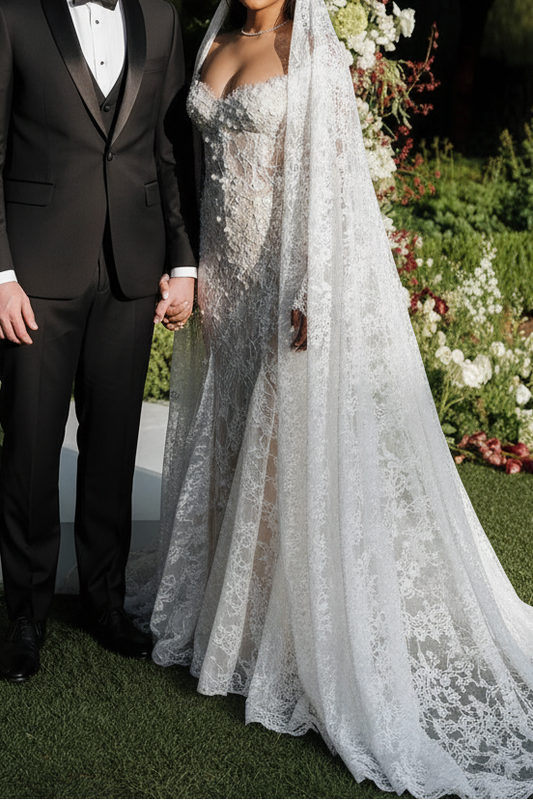 Off-Shoulder Lace Open-Back Wedding Gown