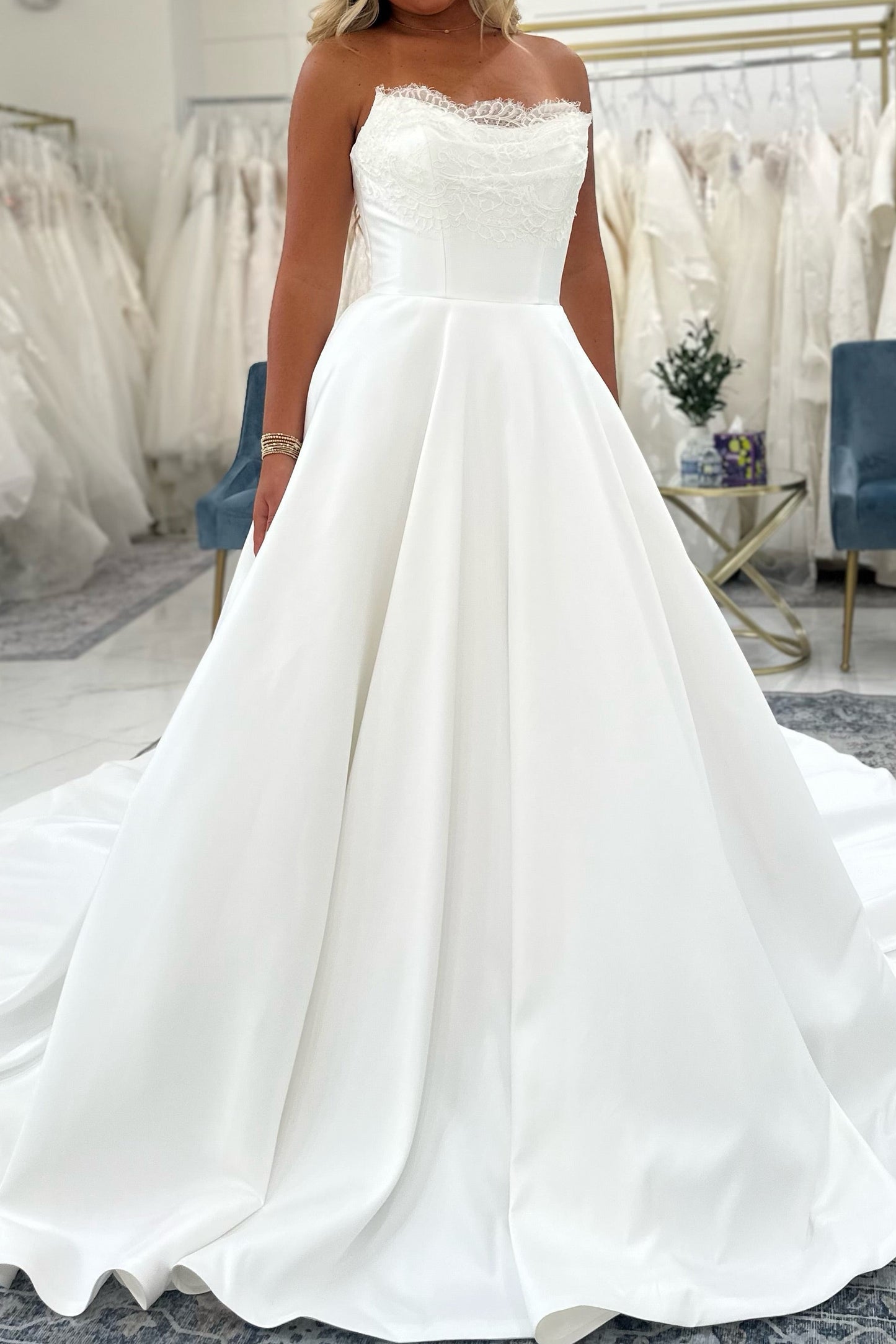 Strapless Lace Bodice Satin Ball Gown Wedding Dress