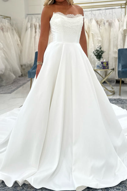 Strapless Lace Bodice Satin Ball Gown Wedding Dress