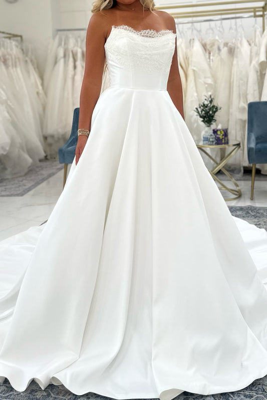 Strapless Lace Bodice Satin Ball Gown Wedding Dress