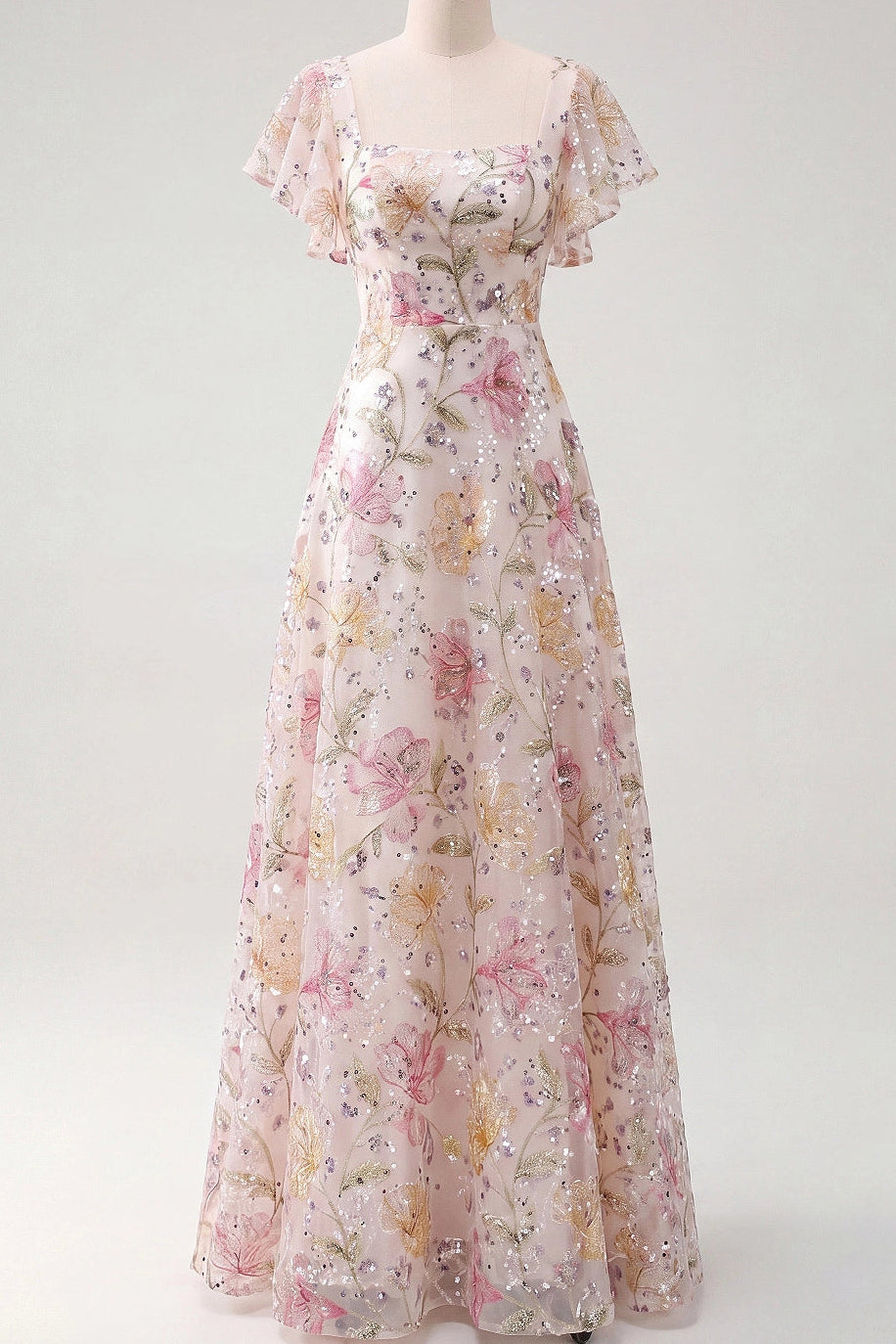 Floral Embroidered A-Line Gown with Flutter Sleeves