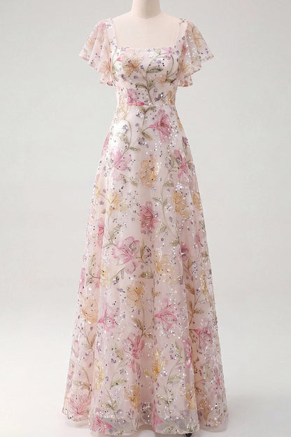 Floral Embroidered A-Line Gown with Flutter Sleeves