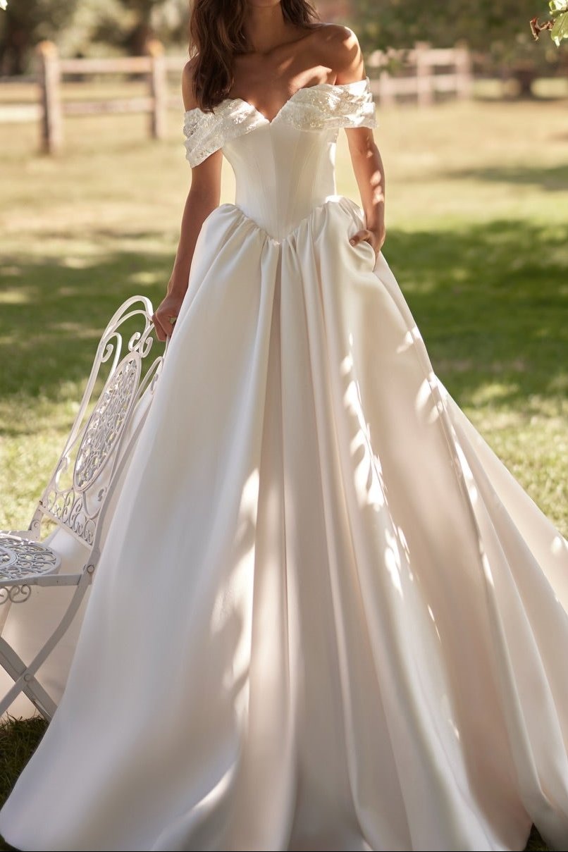 Off-the-Shoulder Basq-Waist Satin Ball Gown
