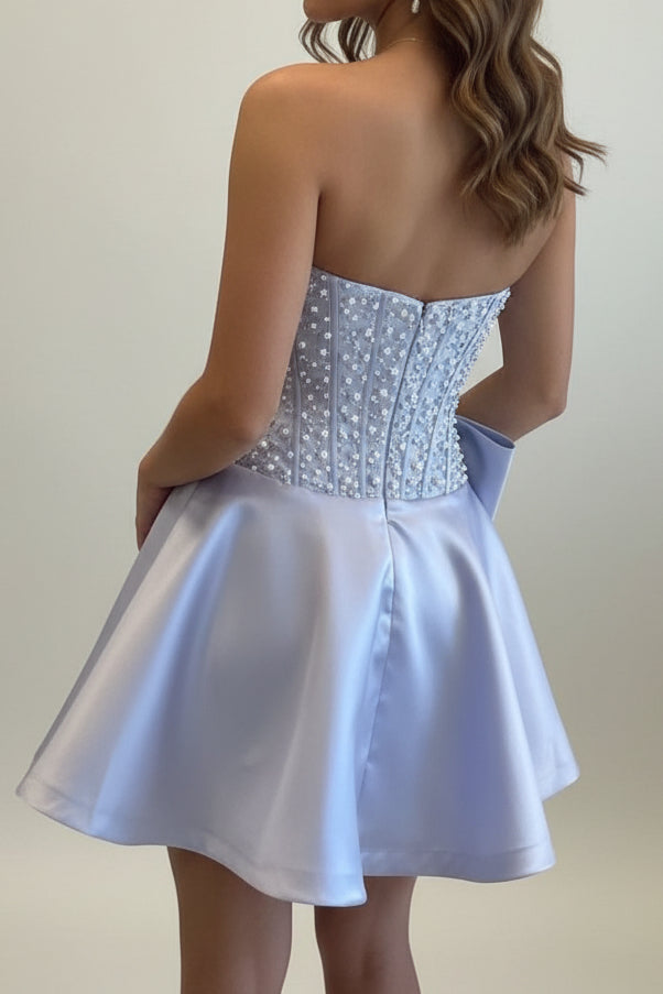 Strapless Pearl Corset Satin Mini Dress with Bow