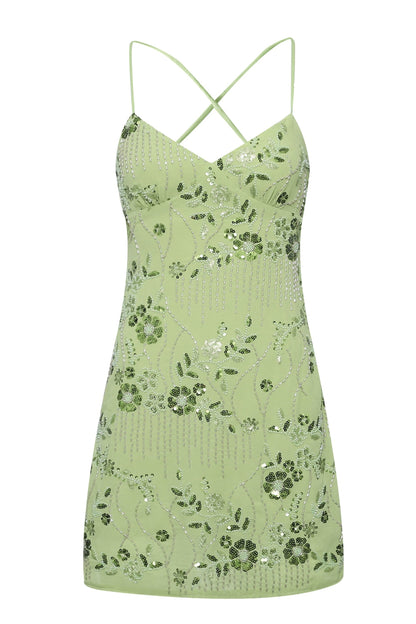 Beaded Floral Slip Dress with Open Tie Back