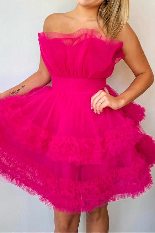 Strapless Ruffled Tiered Tulle A-Line Mini Dress