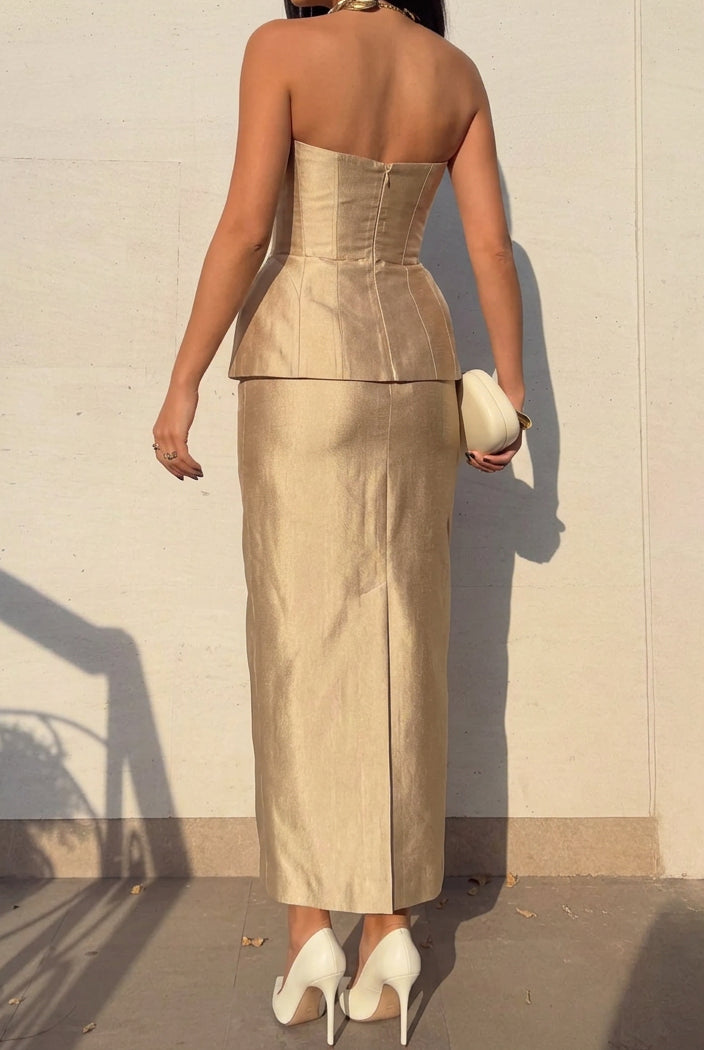 Strapless Peplum Corset Top and Maxi Skirt Set