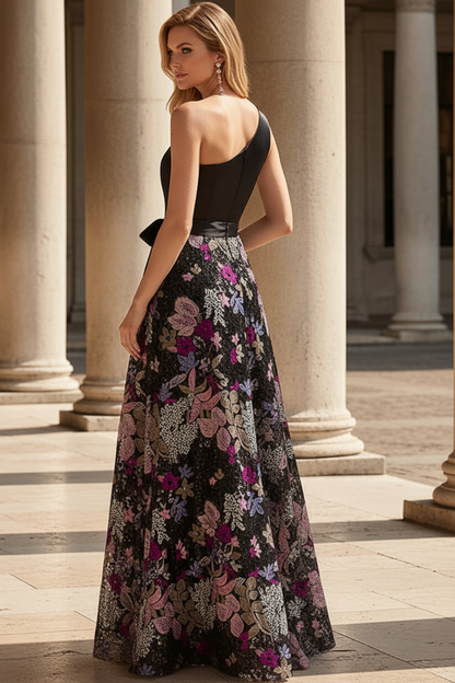 One-Shoulder Embroidered A-Line Evening Gown