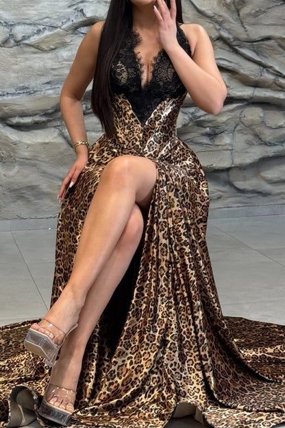 Leopard Print Halter Gown with Lace Bodice