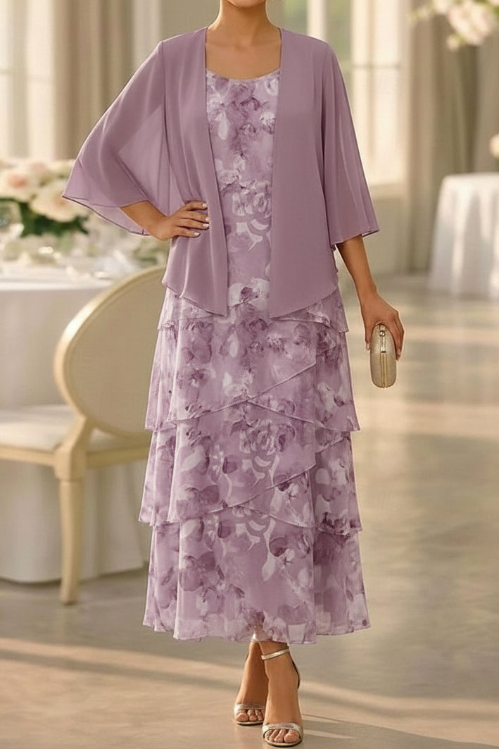 Floral Tiered Ankle-Length Dress with Chiffon Jacket