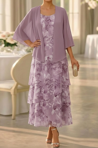 Floral Tiered Ankle-Length Dress with Chiffon Jacket