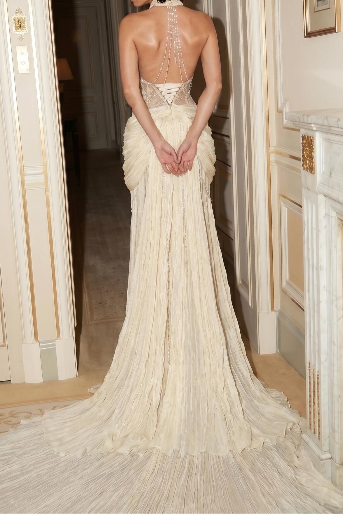 Pleated Halter Lace Wedding Dress with Train