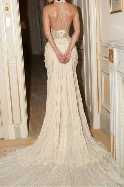 Pleated Halter Lace Wedding Dress with Train