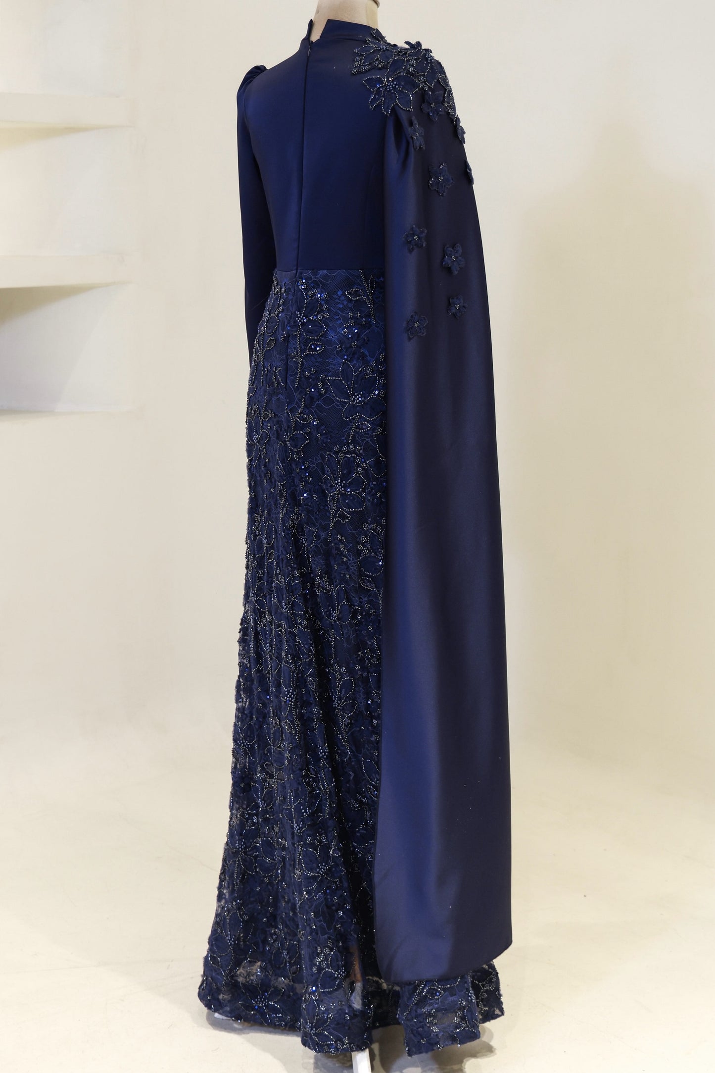 High-Neck Long-Sleeve Evening Gown with Floral Cape