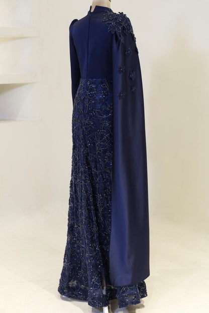 High-Neck Long-Sleeve Evening Gown with Floral Cape