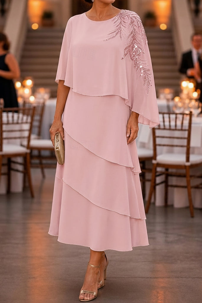 Tiered Midi Dress with Embellished Capelet