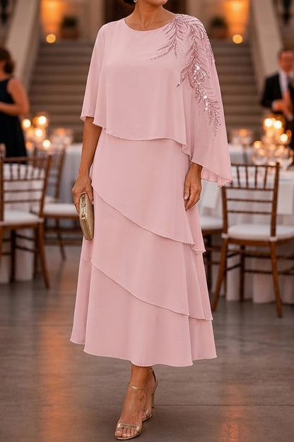 Tiered Midi Dress with Embellished Capelet