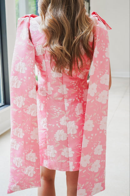 Floral Jacquard Mini Dress with Shoulder Sashes