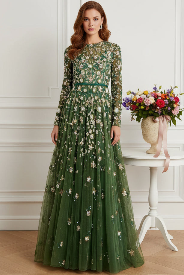 Long Sleeve Embroidered Floral A-Line Evening Gown