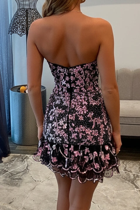 Strapless Floral Sequin Tiered Hem Mini Dress