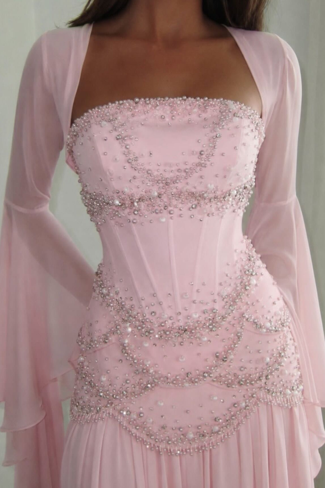 Beaded Corset Pleated Chiffon Gown with Bell Sleeves