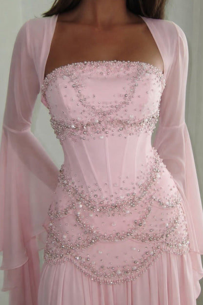 Beaded Corset Pleated Chiffon Gown with Bell Sleeves
