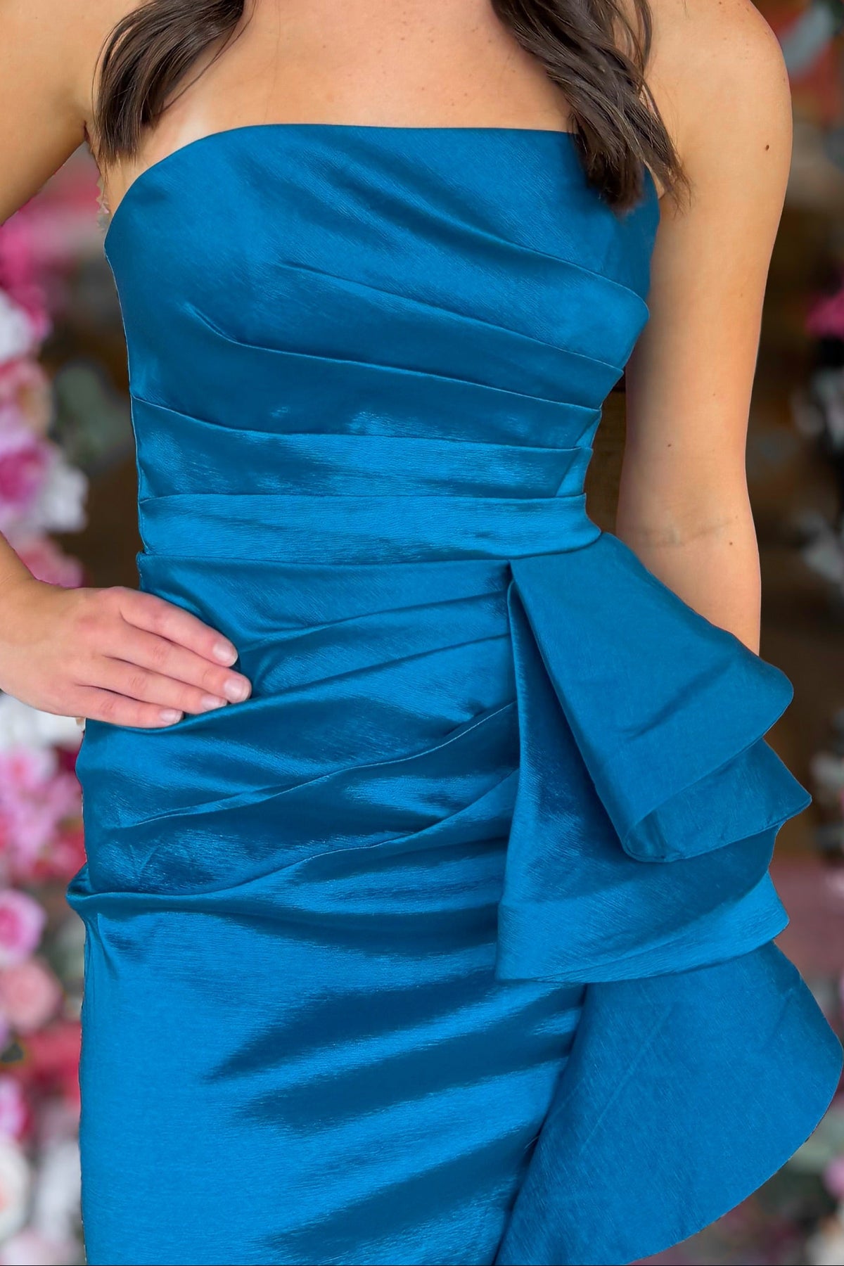 Strapless Pleated Mini Dress with Side Ruffle
