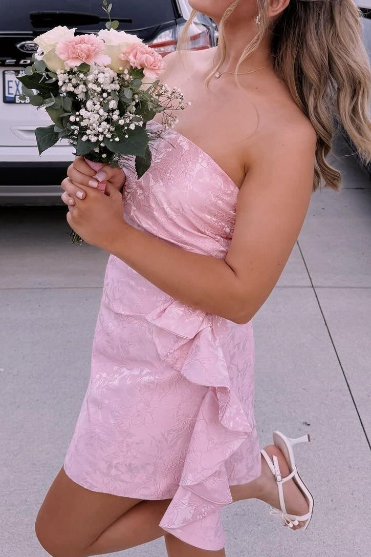 Strapless Jacquard Ruffle Mini Dress
