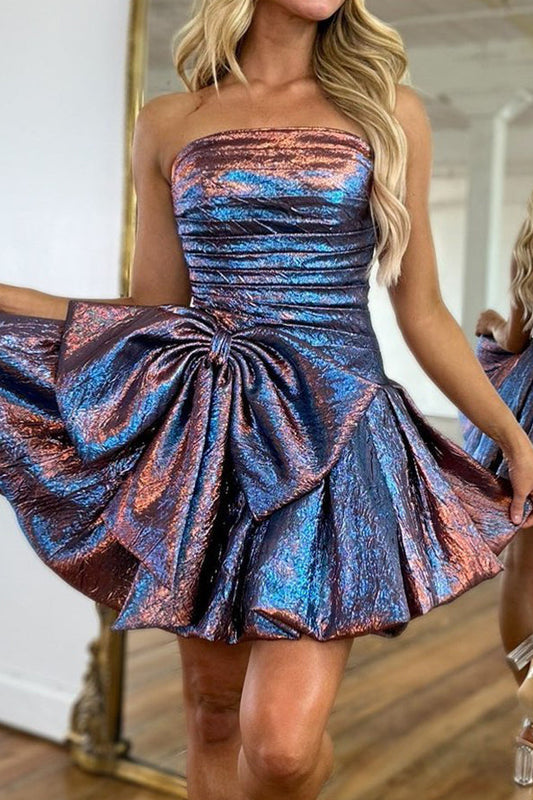 Strapless Bow-Front Metallic Pleated Mini Dress