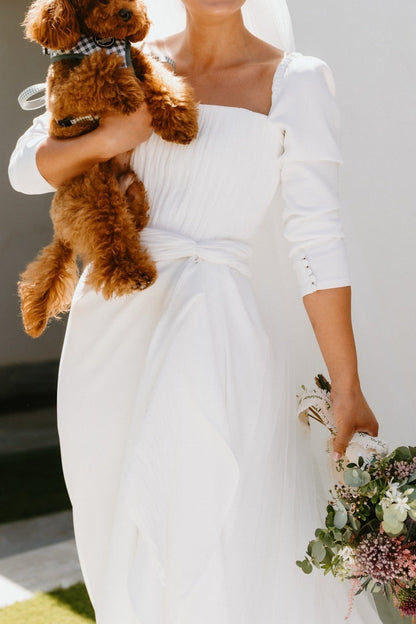 Square Neck A-Line Crepe Wedding Dress with Train