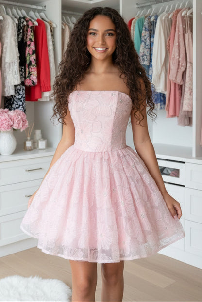 Strapless Glitter Floral Appliqué Mini Dress