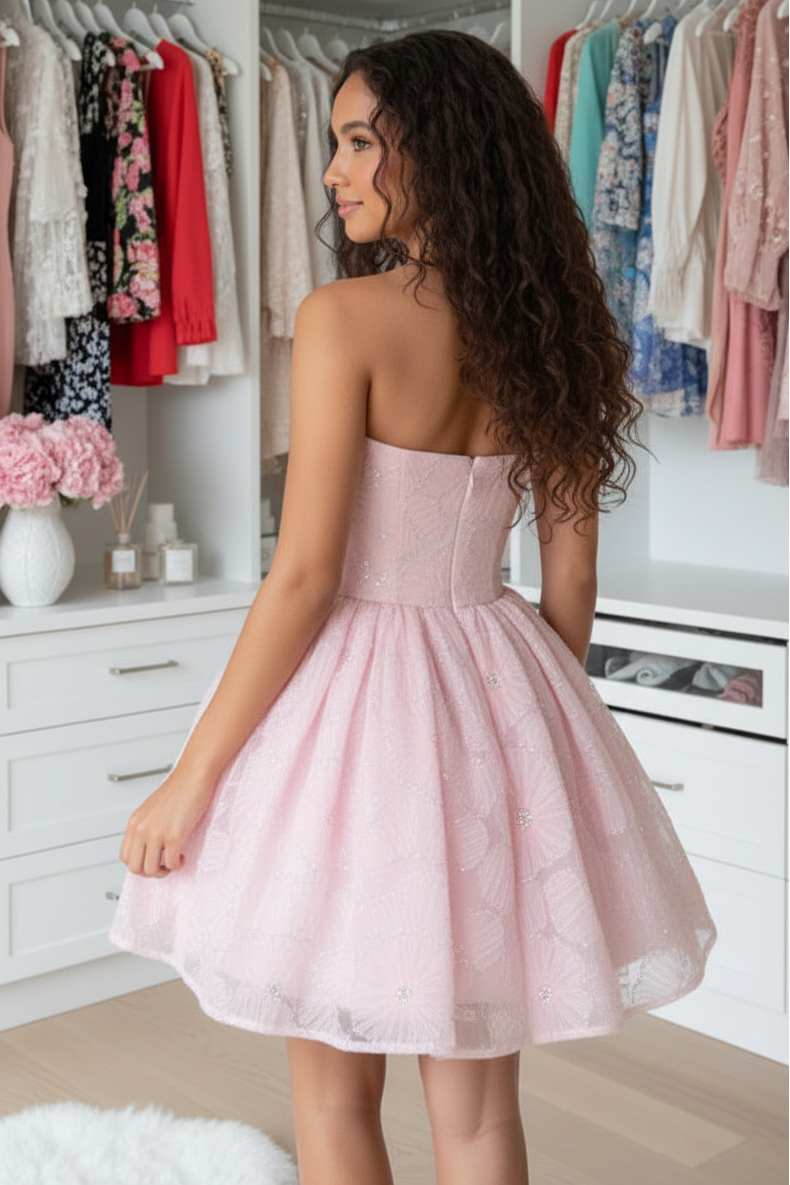 Strapless Glitter Floral Appliqué Mini Dress