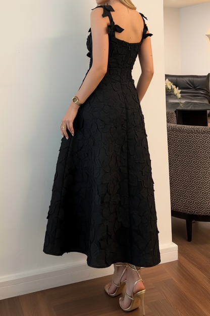3D Floral Applique Sleeveless A-Line Midi Dress
