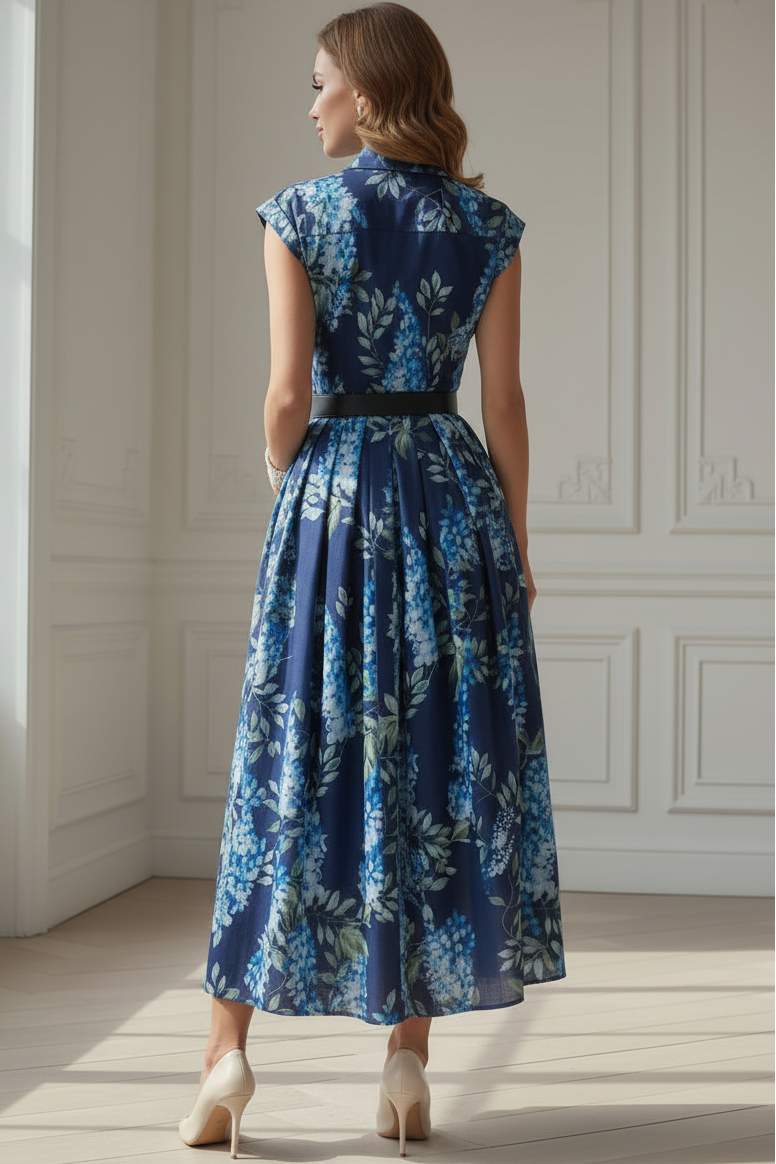 Floral Print Pleated Midi Shirt Dress with Pockets