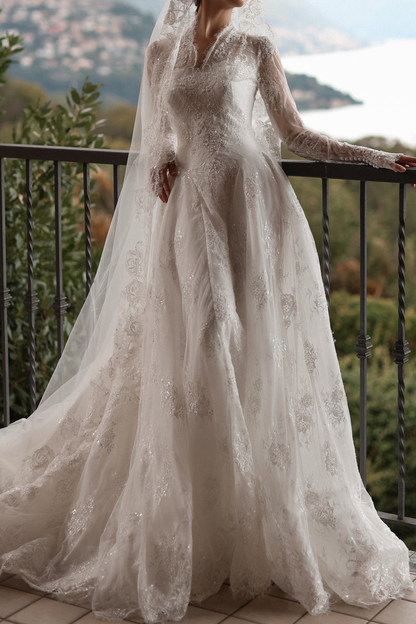 A-Line Lace Wedding Dress with Long Sleeves and Train