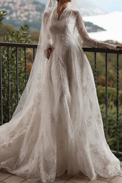 A-Line Lace Wedding Dress with Long Sleeves and Train
