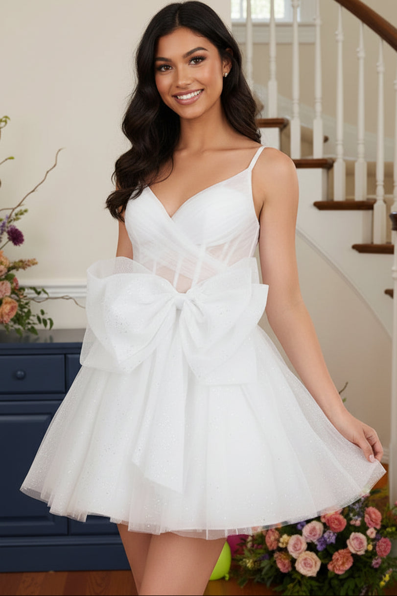 Glitter Tulle A-Line Mini Dress with Statement Bow