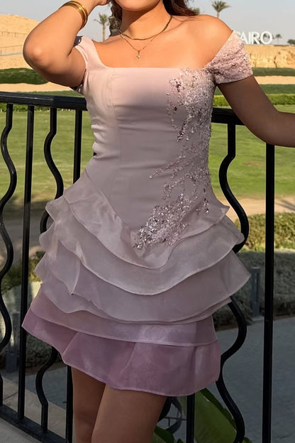 Asymmetrical Off-Shoulder Tiered Organza Mini Dress