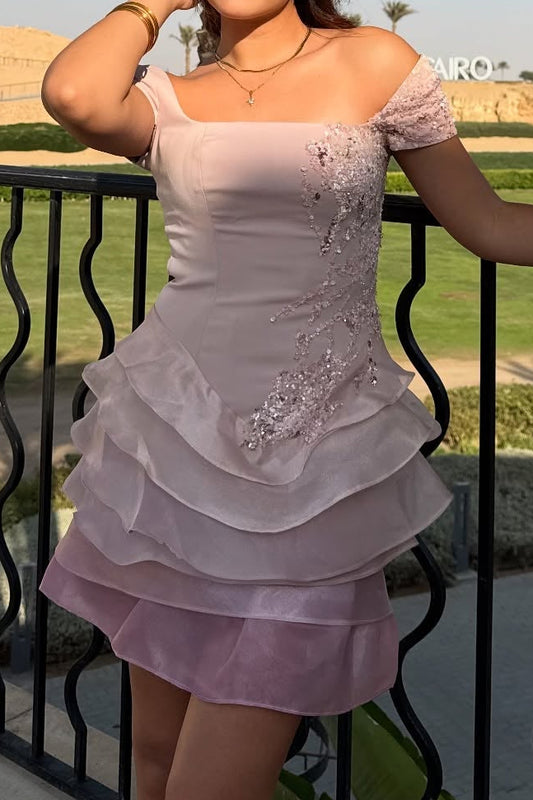 Asymmetrical Off-Shoulder Tiered Organza Mini Dress