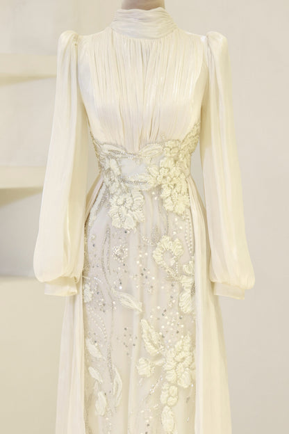 Long-Sleeve High-Neck Evening Gown with Floral Beaded Skirt